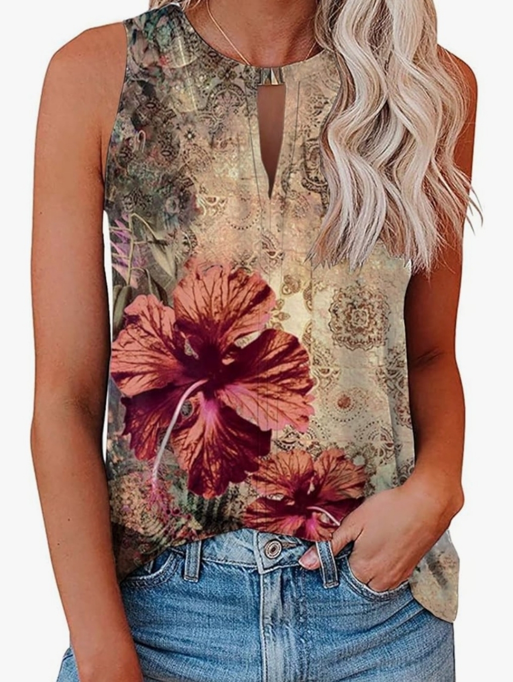 Floral Print Sleeveless Tank Top - Cream Multicolor